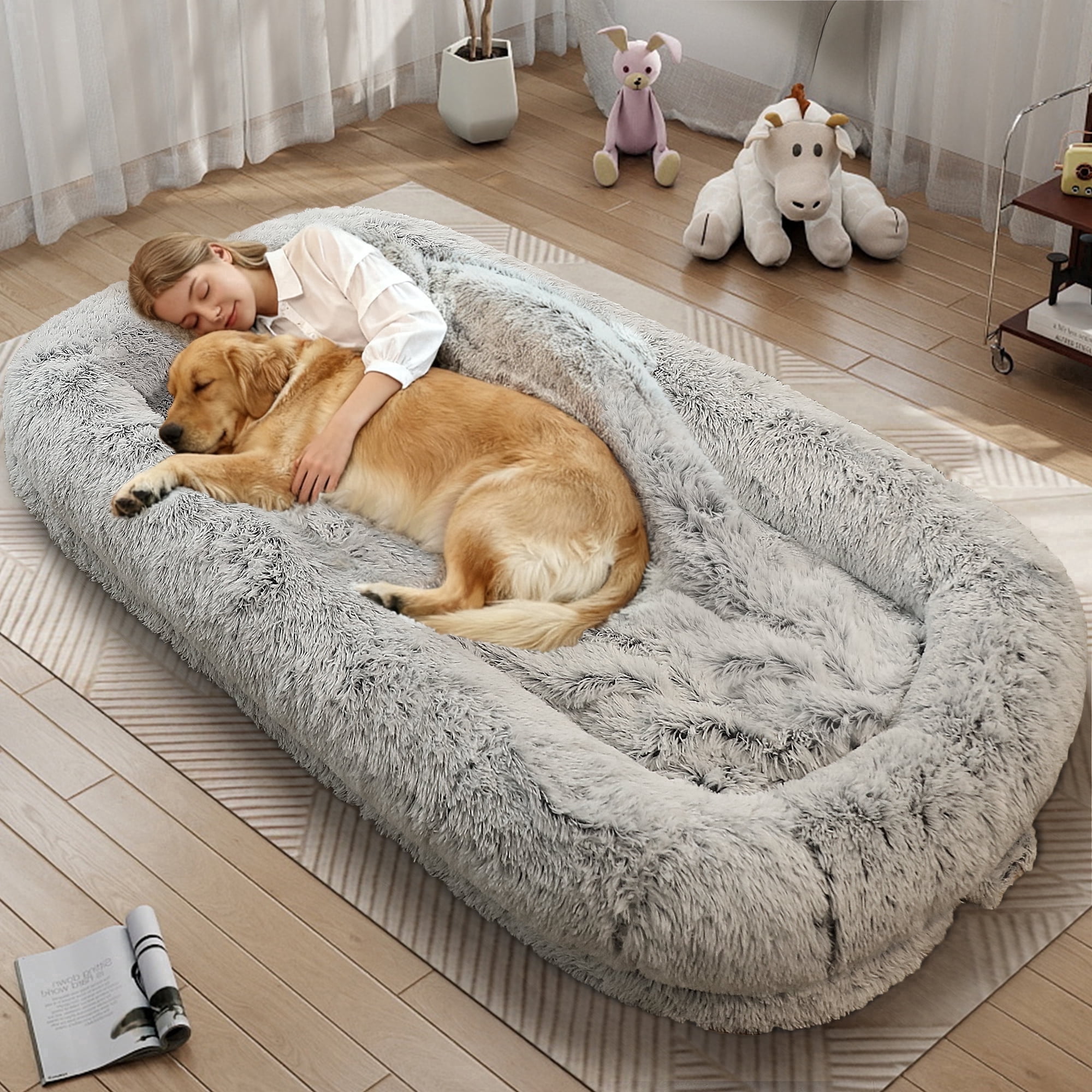 Skandiquip Large Human Dog Bed for Pets and Adults, 75"x43"x10", Plush Washable Cover With Blanket, Non-Slip Base, Orthopedic Memory Foam Support, Light Grey