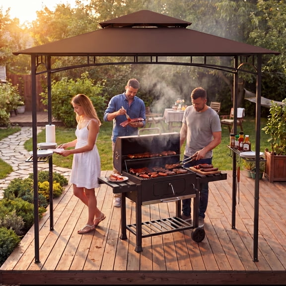 Skandiquip 8' x 5' Outdoor Grill Gazebo, Heavy Duty Double Tier Vented BBQ Canopy, Waterproof Sunproof Patio Barbecue Shelter for Backyard, Garden, Lawn & Outside Use, Brown
