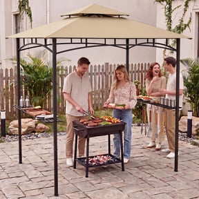 Skandiquip 8' x 5' Outdoor Grill Gazebo, Heavy Duty Double Tier Vented BBQ Canopy, Waterproof Sunproof Patio Barbecue Shelter for Backyard, Garden, Lawn & Outside Use, Khaki