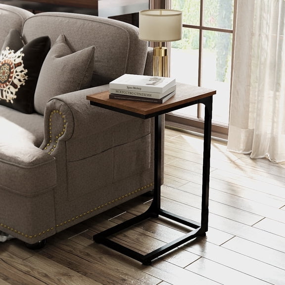 Skandiquip C‑Shaped End Table, Slide‑Under Couch Side TV Tray Table for Living Room Bedroom, Single, Walnut