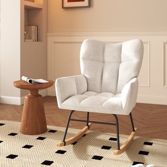 Skandiquip Nursery Rocking Chair, 440 Lbs Weight Capacity, Deep Padded Cotton Seat, Upholstered Glider Rocker with High Backrest, Anti-Tip Safety Design, Ideal for Bedroom Living Room, White