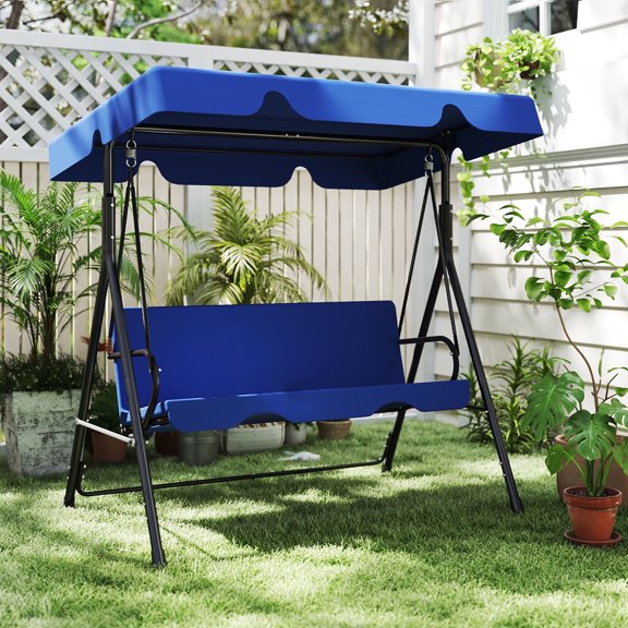 Skandiquip 3 Seats Outdoor Porch Swing with Adjustable Canopy, Adult Patio Glider Swing for Backyard, Heavy Duty Steel Frame, Blue