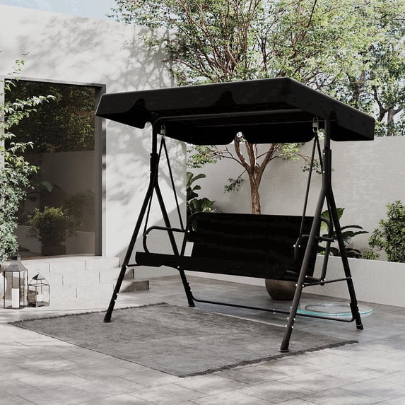 Skandiquip 3 Seats Outdoor Porch Swing with Adjustable Canopy, Adult Patio Glider Swing for Backyard, Heavy Duty Steel Frame, Black