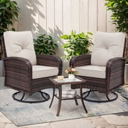 Skandiquip 3 Piece Outdoor Patio Glider Furniture Set with 360 Swivel, Porch Furniture, All-Weather Wicker, Brown Rattan/Beige Cushions