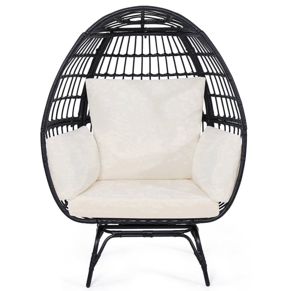 LOGYAT Oversized Rattan Adult Egg Chair, 360 Swivel, Outdoor Patio Chair with overstuffed Cushions, Indoor Large Wicker Egg Chair, Black Rattan, Beige Cushion