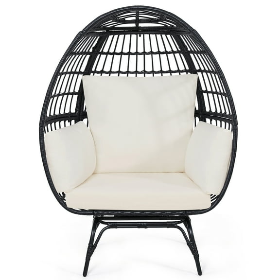 Skandiquip Oversized Rattan Adult Egg Chair, 360 Swivel, Outdoor Patio Chair with overstuffed Cushions, Indoor Large Wicker Egg Chair, Black Rattan, Beige Cushion