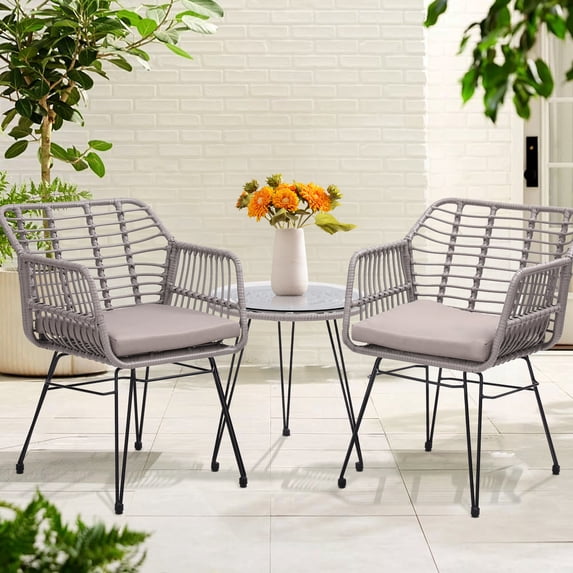 Skandiquip Set 3 Piece Wicker Patio Bistro Furniture ,2 Rattan Chairs Glass Top Table Natural for Porch Outdoor Backyard Apartment Balcony