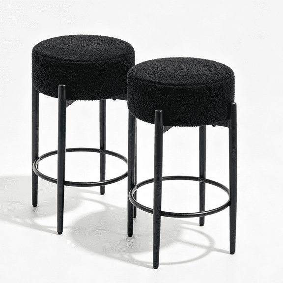 Skandiquip Set of 2 24" Backless Counter Bar Stools, Boucle Padded Round Seat Metal Base, Black