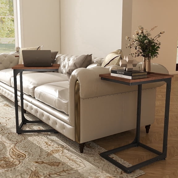 Skandiquip 2 PCS C‑Shaped Sofa Side Table, Metal Frame TV Tray for Living Room Bedroom, Walnut
