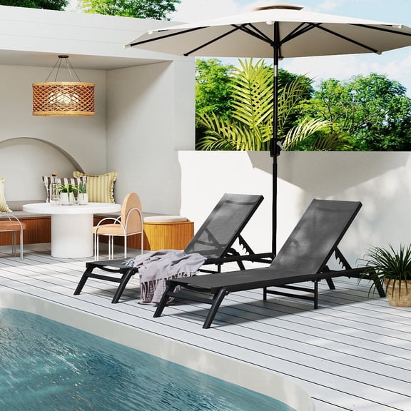 Skandiquip Set of 2 Portable Aluminum Chaise Lounge Chairs, 5 Adjustable Reclining Positions, No Assembly Outdoor Recliner for Pool Patio Beach, Gray