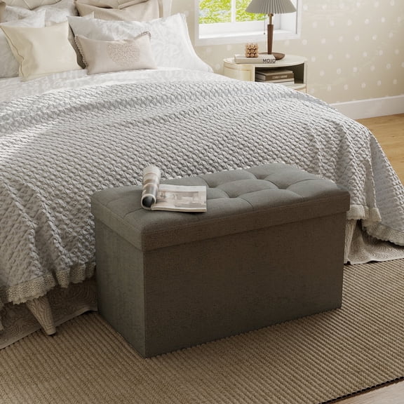 Skandiquip 30" Heavy Duty Folding Storage Ottoman Bench, 660 lbs Long End of Bed Seat, Large Hidden Storage Chest Footrest Toy Chest for Bedroom Living Room, Light Gray