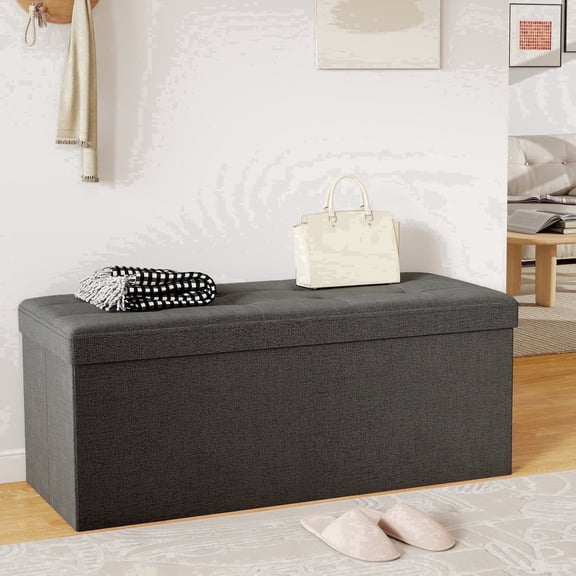 Skandiquip 43.5" Large Storage Ottoman with Linen Lid and Sides, Comfy Footstool for Living Room, Bedroom Bench, No Assembly, 660 Lb Capacity, Dark Gray