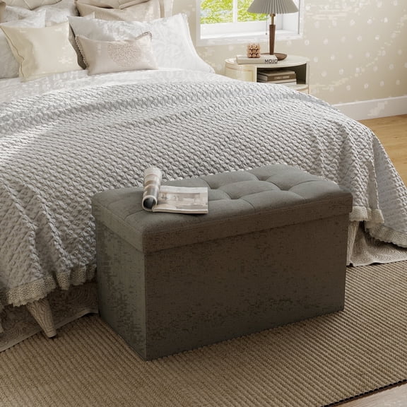 Skandiquip 30" Large Storage Ottoman with French Linen Lid and Sides, Comfy Footstool for Living Room, Bedroom, No Assembly, 660 Lb Capacity, Light Grey