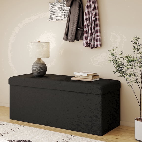 Skandiquip 43.5" Large Storage Ottoman with Linen Lid and Sides, Comfy Footstool for Living Room, Bedroom Bench, No Assembly, 660 Lb Capacity, Black