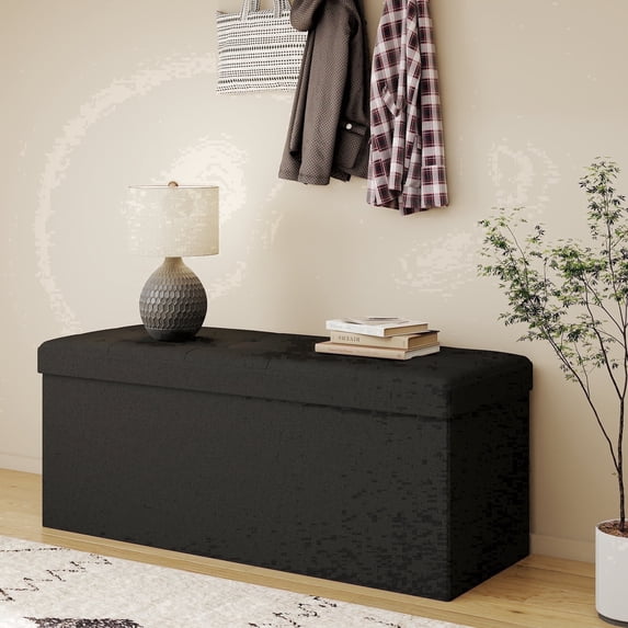 Skandiquip 43.5" Large Storage Ottoman with Linen Lid and Sides, Comfy Footstool for Living Room, Bedroom Bench, No Assembly, 660 Lb Capacity, Black
