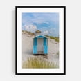 thumbnail image 1 of Skanor Beach Hut in Sky Blue - Skanör Skåne County Sweden Photography Beach House Coastal Beach Ocean Minimalist Architecture Landscape Black Framed Wall Art Print 24 x 36 inches, 1 of 8
