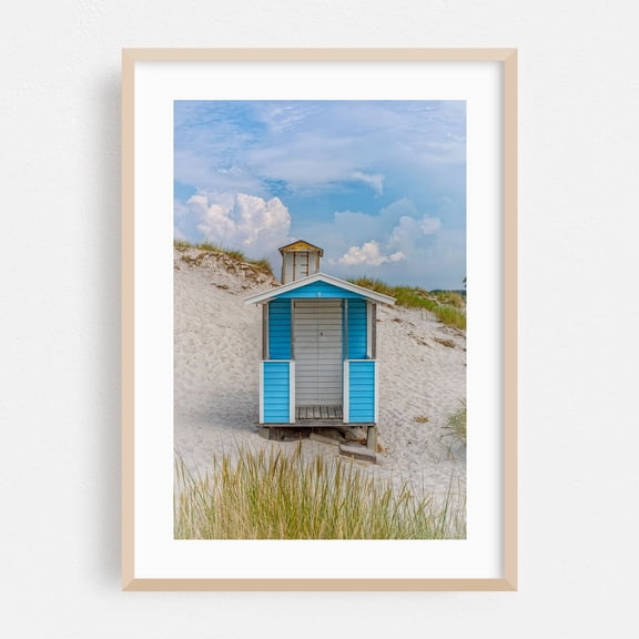 Skanor Beach Hut in Sky Blue - Skanör Skåne County Sweden Photography Beach House Coastal Beach Ocean Minimalist Architecture Landscape Oak Framed Wall Art Print 5 x 7 inches