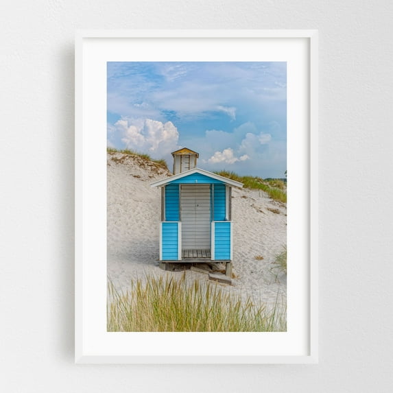 Skanor Beach Hut in Sky Blue - Skanör Skåne County Sweden Photography Beach House Coastal Beach Ocean Minimalist Architecture Landscape White Framed Wall Art Print 20 x 30 inches