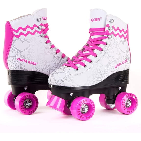 Skate Gear Retro Quad Roller Skates, Holiday Gift for Girls (Graphic White/Pink, Women's 7 / Youth 6 / Men's 6)