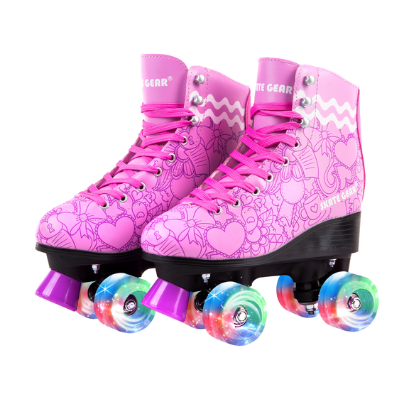 Skate Gear Retro Quad Roller Skates with LED wheels, Holiday Gift (Graphic Purple, Women's 9 / Men's 8)