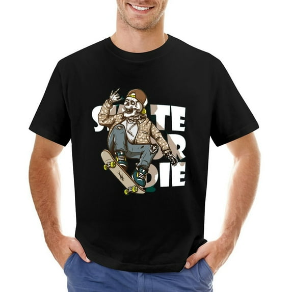 Skate Or Die Skull Riding Skateboard Vintage T-shirt Mens Cotton Classic Crewneck Short Sleeve Tees Unisex Black 5XL
