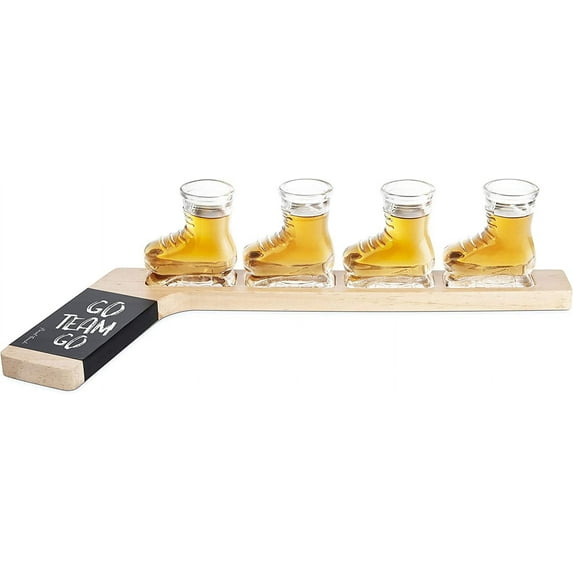 Skate Shot Glasses Set with Hockey Stick Serving Board - Perfect for Hockey Fans - includes 4 Skate Shot Glasses with Customizable Chalkboard Tape - Great for Any Occasion (FTA6629)