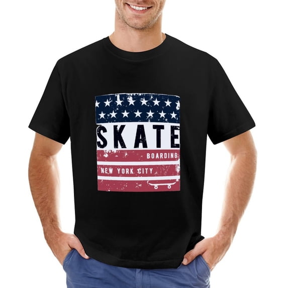 Skate in New York City. American Flag Vintage T-shirt Mens Cotton Classic Crewneck Short Sleeve Tees Unisex Black L