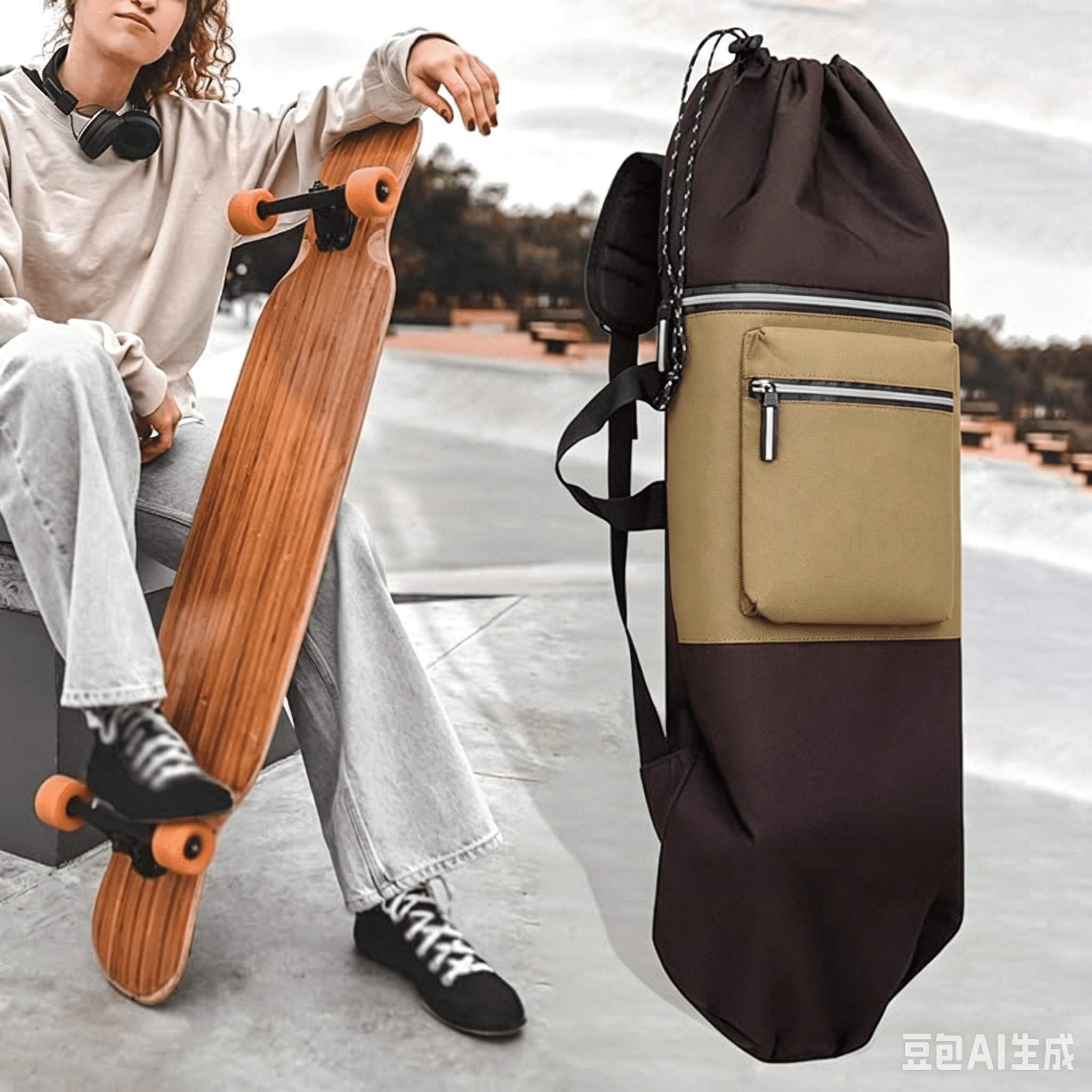 Skateboard Backpack Drawstring Closure Travel Bag Longboard Carry