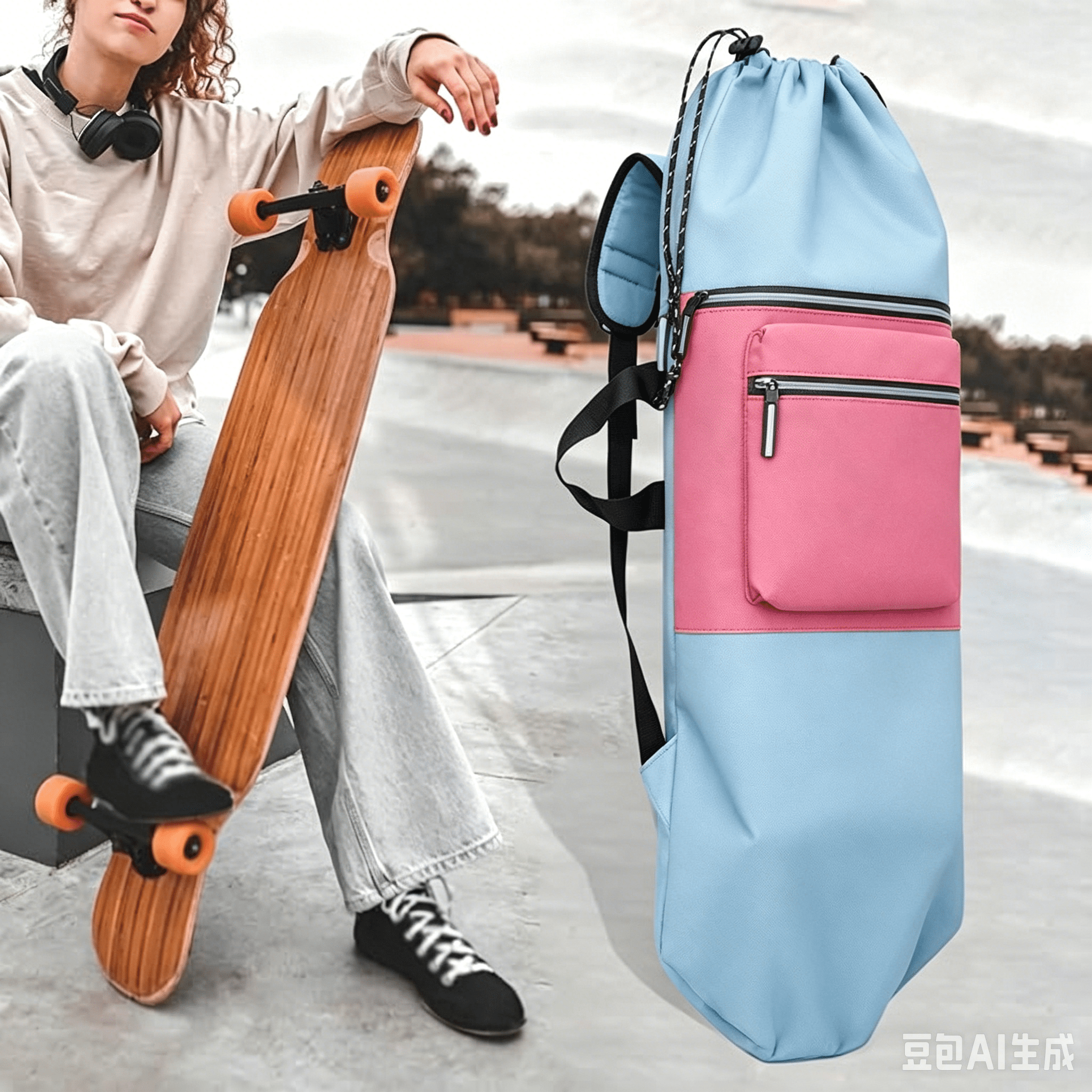 Skateboard Backpack Drawstring Closure Travel Bag Longboard Carry
