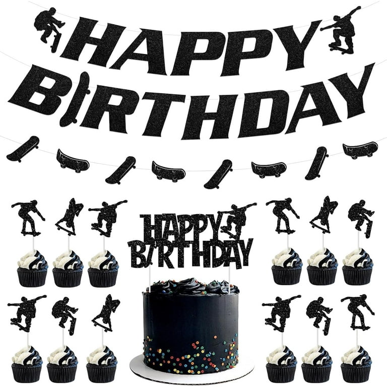 Black Glitter Skateboard Cake Topper - Skateboarding Theme Birthday Party Decorations