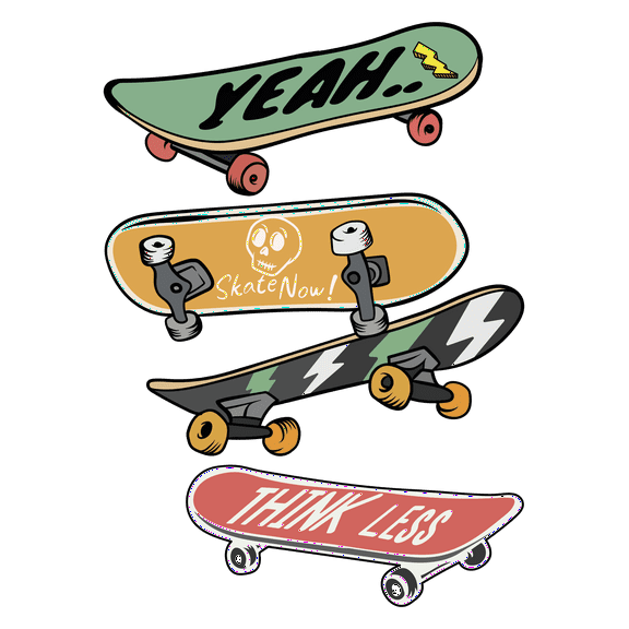 Skateboard Collection with Words Yeah, Skate Now and Think Less Art Design for Skating Boys Room Vinyl Wall Decal - Sports for Kids with Retro Artwork Wall Decoration - 20" x 28"