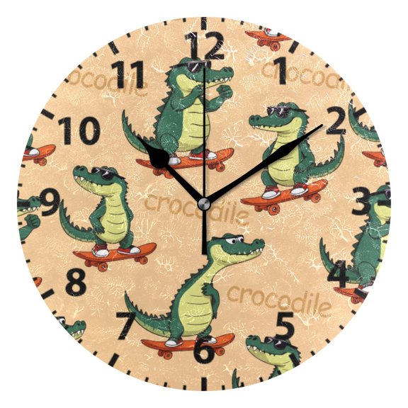 Skateboard Crocodile Pattern Wall Clock 10in Round Artistic Oil Painting Home Decor Desk Table Clock