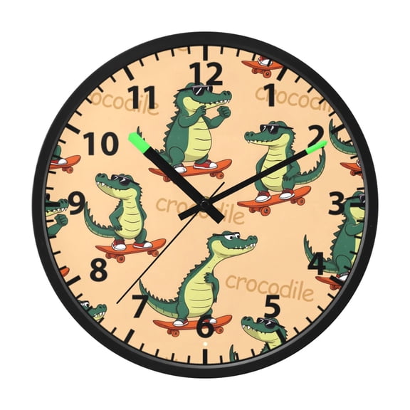 Skateboard Crocodile Pattern Wall Clock 12 Inch Voice Activated Night Light Silent Non Ticking