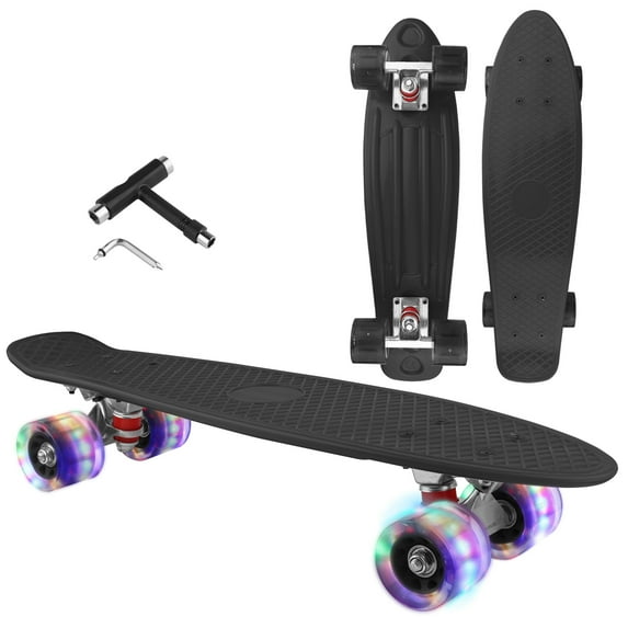 Skateboard Cruiser Complete - 27 inch Skateboards with LED Light Up Wheels with All-in-one T-Tool for Beginners Black