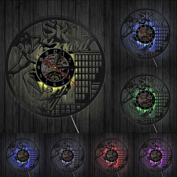 Skateboard Extreme Sport High-rise Vinyl Record Wall Clock Skate Boy LED Light Living Room Wall Art Modern Design Skater Gift