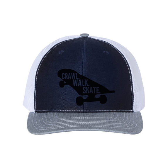 Skateboard Hat, Crawl Walk Skate, Skating Hat, GIft For Skateboarder, Skateboard Apparel, Snapback, 10 Different Colors!, Navy/White/Heather