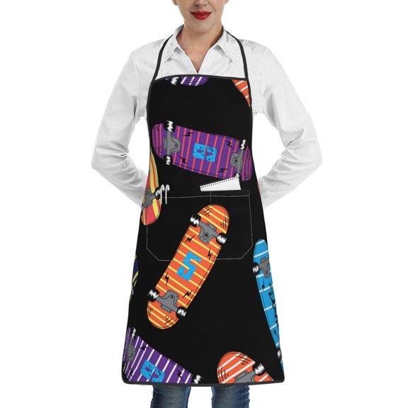 Skateboard Pattern Retro Apron with Pocket Cooking Waterproof Bib Aprons for Kitchen Baking Chef Gardening BBQ