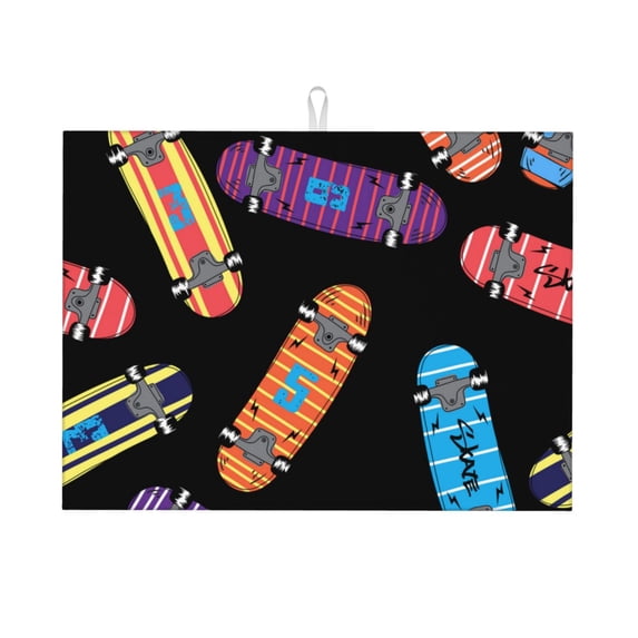 Skateboard Pattern Retro Large Kitchen Drying Mat 18x24 Inch Ultra Absorbent Dish Drying Mats Foldable Countertop Protector