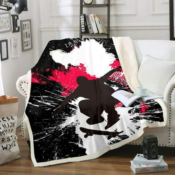Skateboard Plush Blanket Extreme Sports Fleece Throw Blanket for Sofa Couch Bed Hipster Decor Fuzzy Blanket Graffiti Style Sherpa Blanket Bedroom Decor 40x50 Inch