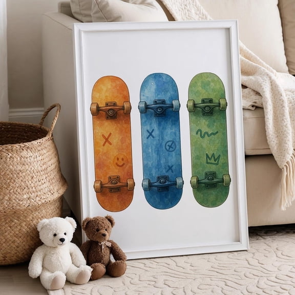 Skateboard Posters, Skate Theme Nursery, Skater, Skateboard Nursery, Skate Nursery Posters, Skate Decor, Skateboard Wall Art, Stretched Canvas Size 12x18