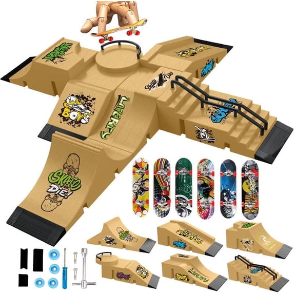 Skateboard Ramp, 6-in-1 Finger Skateboard Ramp Set, Finger Skateboard Park, Mini Fingerboard Skateboard Training for Quick Techniques and High Jump, Children and Adult Beginner Practice Set (Yellow)