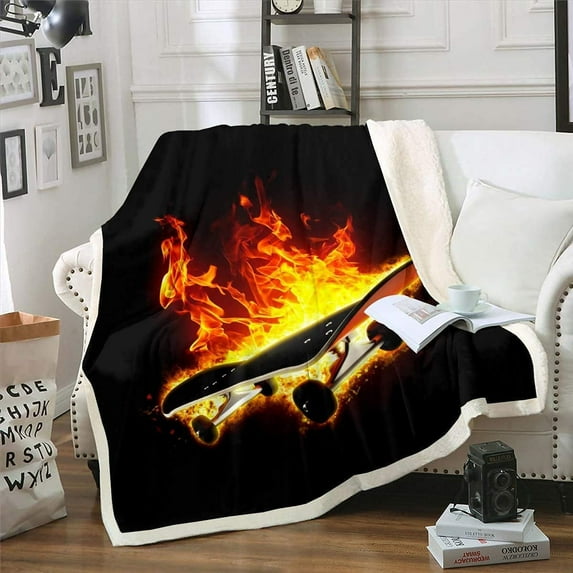 Skateboard Sherpa Throw Blanket Kids Boys Teens Street Sports Fleece Blankets and Throws Fire Skate Board Plush Blanket Hip Hop Skater Fuzzy Blanket for Sofa Bed Couch 30" x 40",Black