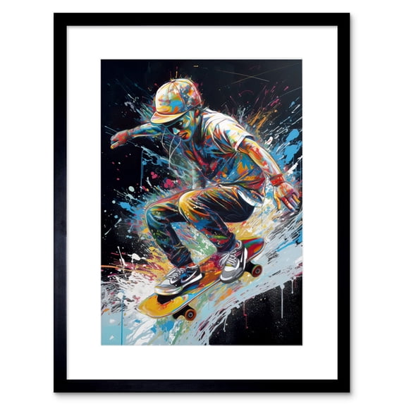 Skateboarder Skating Multicoloured Splat Paint Artwork Framed Wall Art Print 9X7 Inch