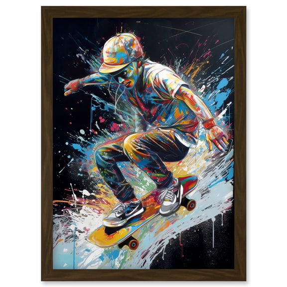 Skateboarder Skating Multicoloured Splat Paint Artwork Framed Wall Art Print A4