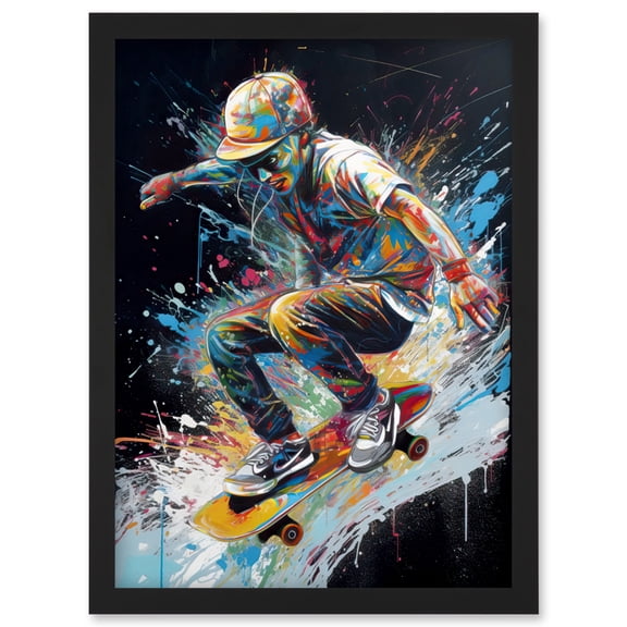 Skateboarder Skating Multicoloured Splat Paint Artwork Framed Wall Art Print A4