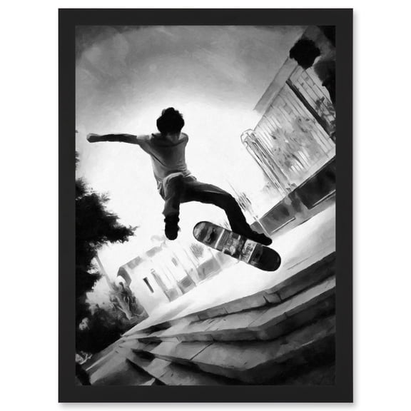 Skateboarder Trick Black White Photo Artwork Framed Wall Art Print A4