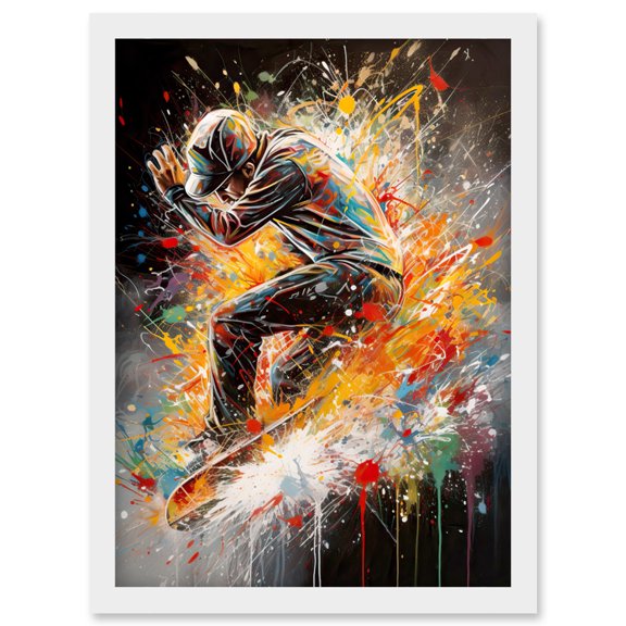 Skateboarder Vibrant Splat Paint Action Shot Artwork Framed Wall Art Print A4