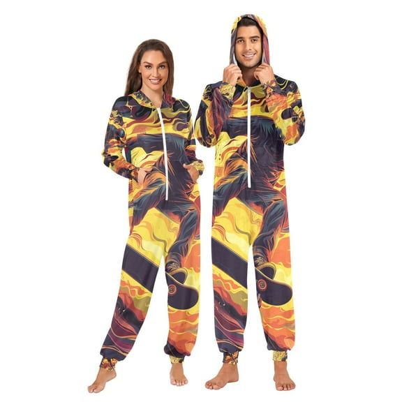 Skateboarder on Fire Adult Onesie Pajamas Slim Fit Christmas One Piece Suit Pjs for Women and Men Hooded Zipper