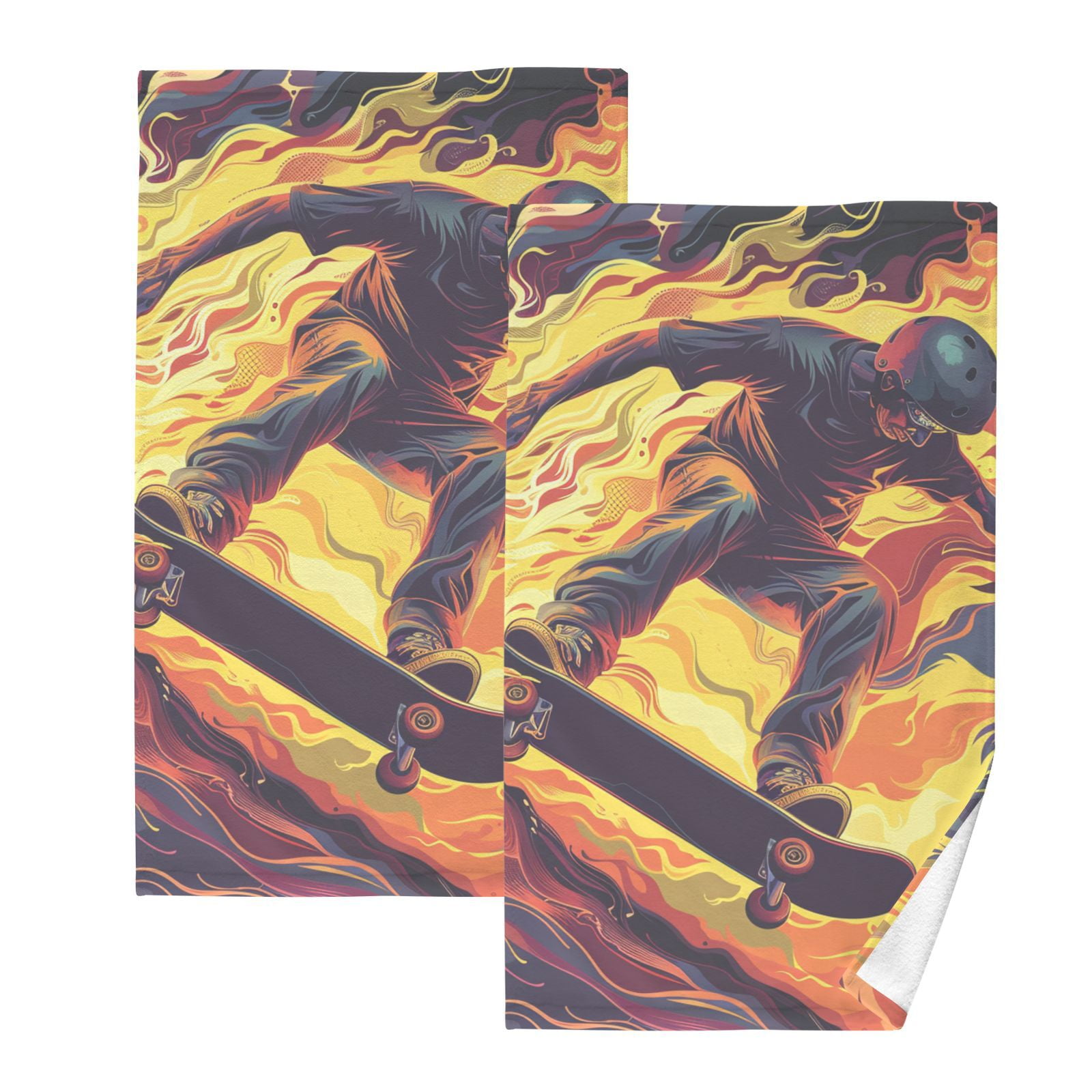 Skateboarder on Fire Hand Towels Cotton Bath Towels Large Face Towels Absorbent for Bathroom 2 Packs