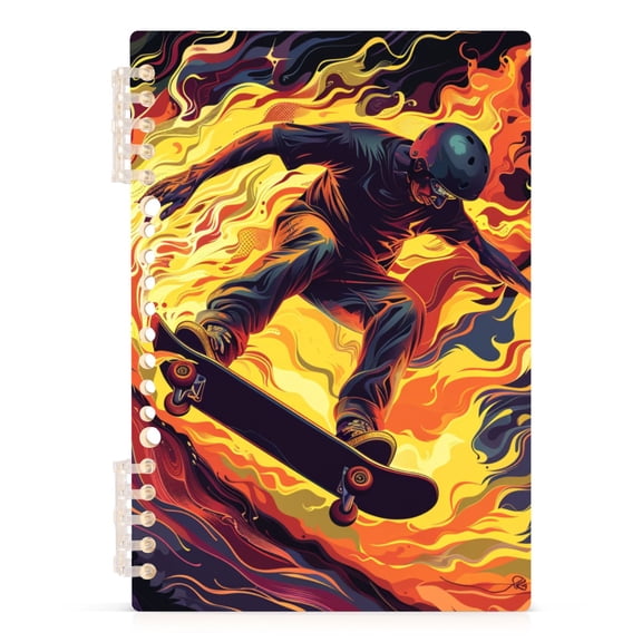 Skateboarder on Fire Ring Binder Notebook Journey Note Diary College Ruled Spiral Notebook Study Loose Leaf Paper A5 60 Pages